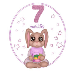 Cute baby bunny girl with baby food plate. Hand drawn watercolor Baby rabbit milestone illustration in pink colors. Seven months growth card. Design for baby growth, nursery room decor, baby shower