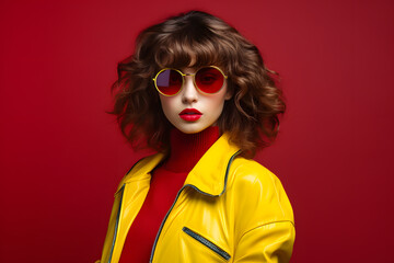 Colorful studio portrait of a cool teenager girl with age specific outfit and accessories. Bold, vibrant and minimalist. Generative AI
