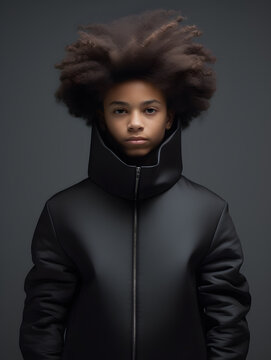Minimalist tudio portrait of an african-american kid wearing a black jacket. Generative AI