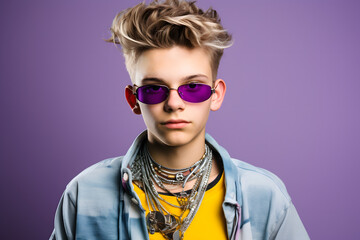 Colorful studio portrait of a cool teenager boy with age specific outfit and accessories. Bold, vibrant and minimalist. Generative AI