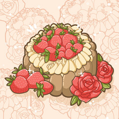 Strawberry Charlotte - nice design for logo, patch,  icon, Illustration for kids books, recipes books gift card - Kawaii style dessert and cake