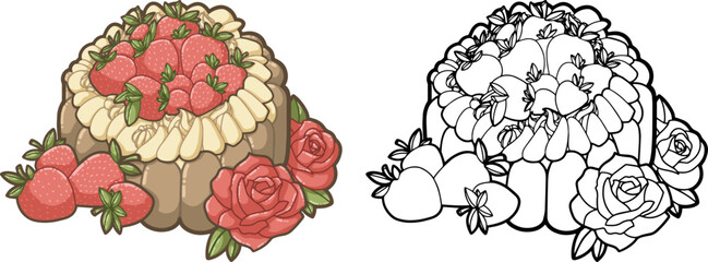 Strawberry Charlotte - outlines, contours - nice design for logo, patch,  icon, illustration for coloring books, or recipes books - kawaii and cute dessert and cake
