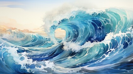 Raging sea waves in watercolor style. Picture with blue sea waves in stormy weather. Generative AI.