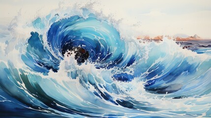 Raging sea waves in watercolor style. Picture with blue sea waves in stormy weather. Generative AI.