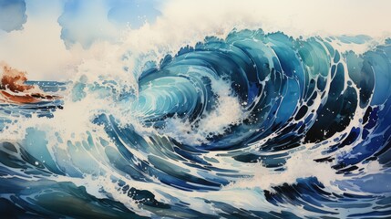 Raging sea waves in watercolor style. Picture with blue sea waves in stormy weather. Generative AI.