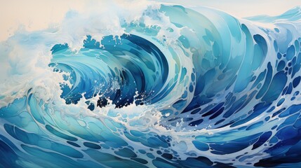 Raging sea waves in watercolor style. Picture with blue sea waves in stormy weather. Generative AI.