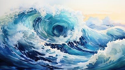 Raging sea waves in watercolor style. Picture with blue sea waves in stormy weather. Generative AI. - obrazy, fototapety, plakaty