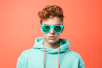 Colorful studio portrait of a cool teenager boy with age specific outfit and accessories. Bold, vibrant and minimalist. Generative AI