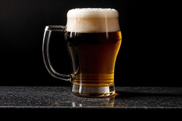 glass of beer with foam on dark reflective marble isolated on black background - obrazy, fototapety, plakaty
