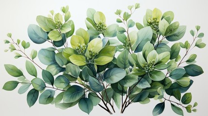 Fototapeta premium Green leaves in watercolor style on a white background. Generative AI.