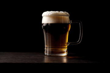 glass of beer on dark wooden table isolated on black background - obrazy, fototapety, plakaty