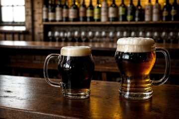 glass of dark stout and lager beer on wooden pub counter with bottles of alcohol on bar shelves in background - obrazy, fototapety, plakaty