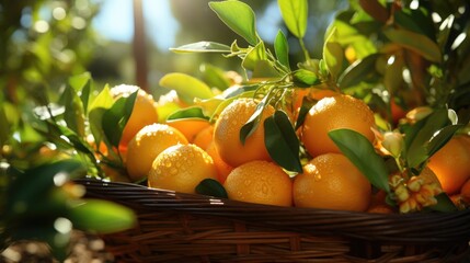 Juicy and ripe tangerines. Rich harvest of tangerines. Sweet tangerines with leaves lie on the table. Generative AI.