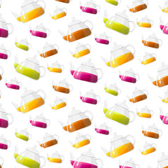 Seamless pattern glass teapots with color tea. Transparent glass teapot. Glass tea kettle for boiling water, tableware for tea ceremony at home. Healthy drinks concept