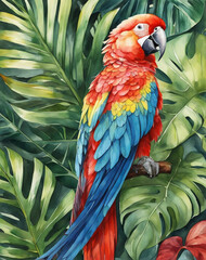Obraz premium a bright parrot on a background of tropical plants. Watercolor drawing