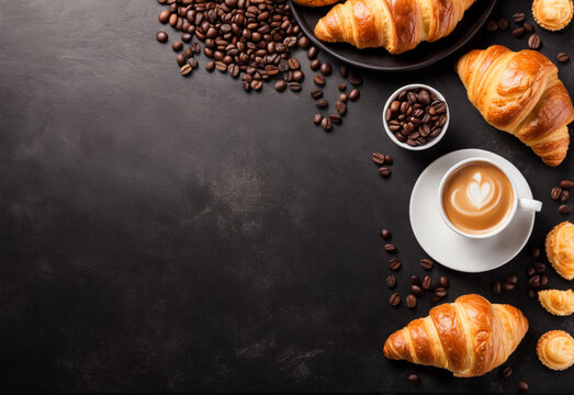 croissant and coffee beans on a dark table. Free space for an inscription or a restaurant menu