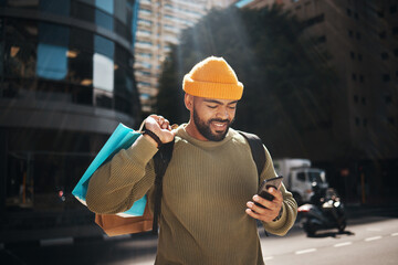 Student, phone and shopping bag in city travel, walking and search for student deal, discount or...