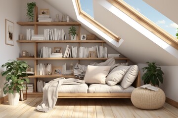 3D rendering of a cozy attic reading nook with a skylight PNG Cutout, Generative AI