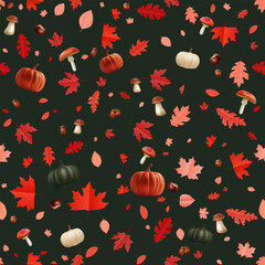 Autumn seamless pattern of leaf, pumpkin. Perfect for banners, cards, and textiles, it features vibrant red, orange, and yellow leaves, acorns, mushrooms against a blue background fall season. Not AI