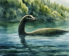 Naklejka premium Enigmatic Depths: Loch Ness Monster Watercolor Illustration. generative AI