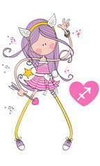 Zodiac Girl signs Sagittarius. Astrological heart stickers with handwritten symbol. Vector hand drawn illustration without background.