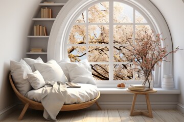 3D rendering of a cozy reading corner with a bay window PNG Cutout, Generative AI