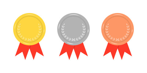 Gold, silver, bronze awards with red ribbons flat illustration set