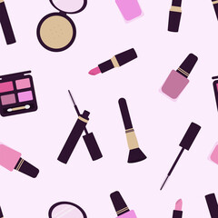Makeup seamless pattern. Modern cosmetics collection background.