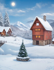 Fototapeta na wymiar Nice winter landscape. Lovely houses in the snowy valley. Winter walk.
