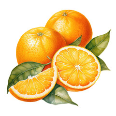 Watercolor orange fruit. Illustrartion of citrus with leaves. AI Generative	