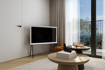 Serif TV Standing near the Verandah Doors with Curtains and also glance outdoor view of the city, 3D rendering