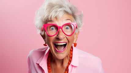 Funny stylish elderly grandmother in glasses poses at studio. Senior old woman looking at camera over bright background. - obrazy, fototapety, plakaty