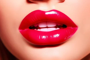 Fotobehang Passionate red lips close up. Beautiful perfect makeup - cosmetic beauty procedures. Sexy woman red lips © B-design