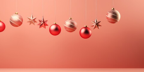 Christmas balls on red background. Merry christmas and happy new year with red and gold xmas balls
