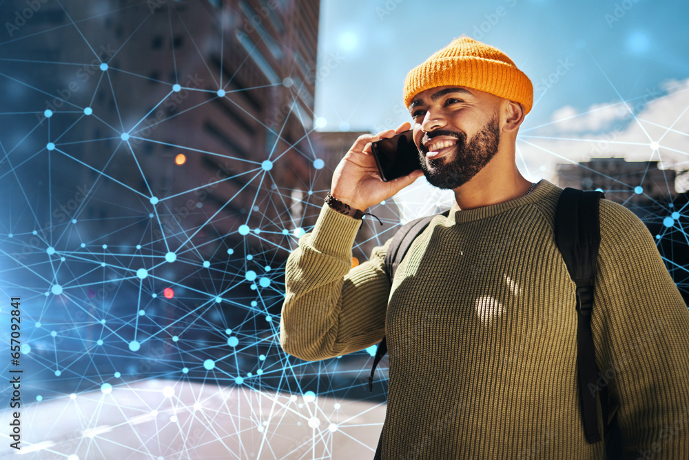 Poster man, phone call in city with innovation and digital transformation, conversation and communication. 