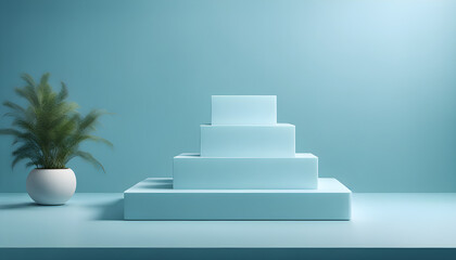 Beautiful minimalistic light blue background for product presentation with podiums on different tiers. Product presentation scene.
