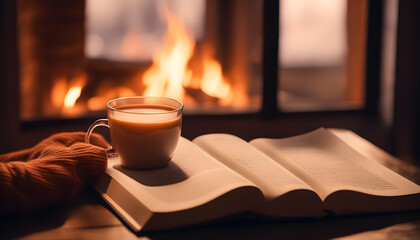 A cup of coffee with a novel to read next to fire during cold winter nights. - obrazy, fototapety, plakaty