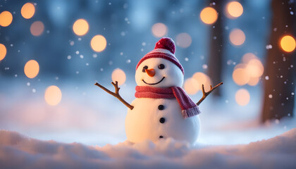 A festive Christmas scene adorned with delightful decorations, where a joyful snowman stands in a snowy winter park, surrounded by enchanting bokeh lights