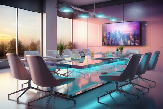 3D rendering of a futuristic conference room with holo PNG Cutout, Generative AI 