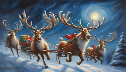 Santa claus with reindeer, Dynamic sight of Santa reindeer pulling slippery full of gifts. - obrazy, fototapety, plakaty