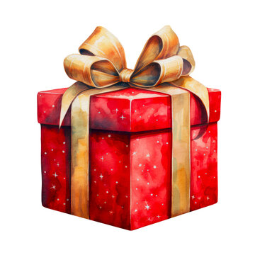 Watercolor red gift box. Illustration AI Generative.