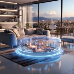 3D rendering of a futuristic living room with smart home features PNG Cutout, Generative AI