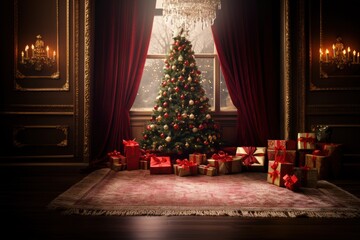 A beautifully adorned Christmas tree surrounded by neatly wrapped gifts, creating an ideal background for holiday-themed marketing or card designs. Generative Ai