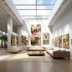 3D rendering of a modern art gallery with contemporary artworks PNG Cutout, Generative AI.