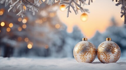 Christmas blurred defocused background with gold balls against of the evening sky, Generative AI