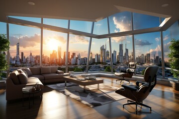 3D rendering of a modern penthouse office with panoramic city views PNG Cutout, Generative AI