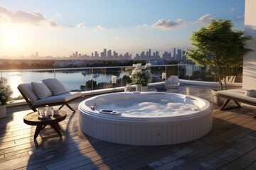 3D rendering of a modern penthouse rooftop terrace with a hot tub, Generative AI - obrazy, fototapety, plakaty