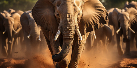 Fototapeta premium A herd of wild white elephants is passing through East Africa,