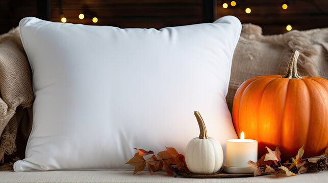 blank white pillow with autumn home decor, pumpkin, candle, pillow mock up