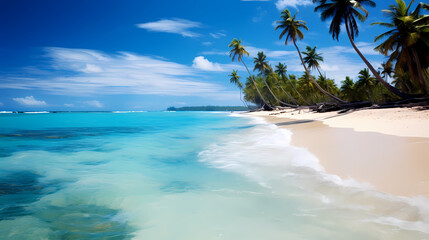 Fototapeta na wymiar Beach With Palm Trees And Blue Water